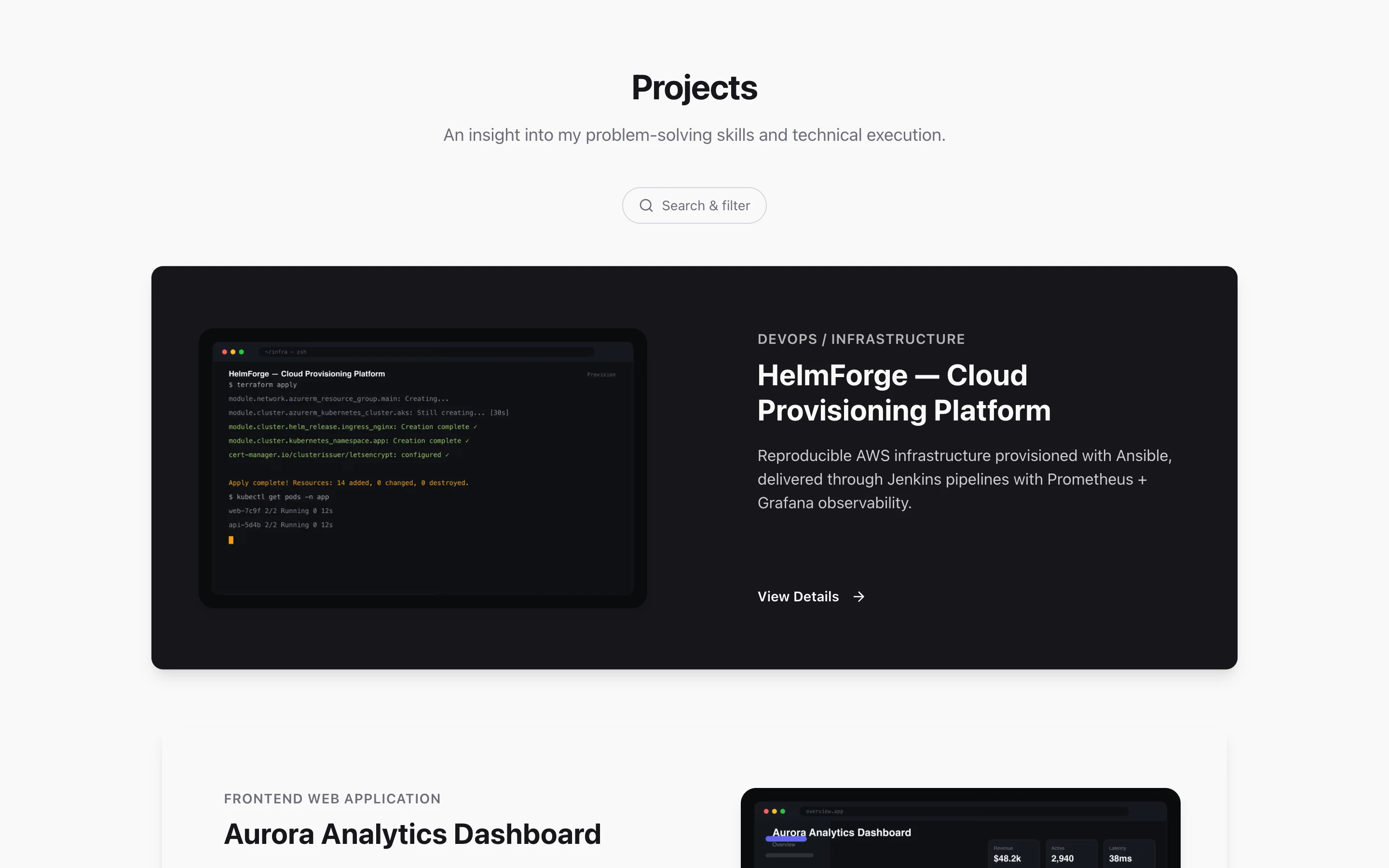 Projects section with search & filter